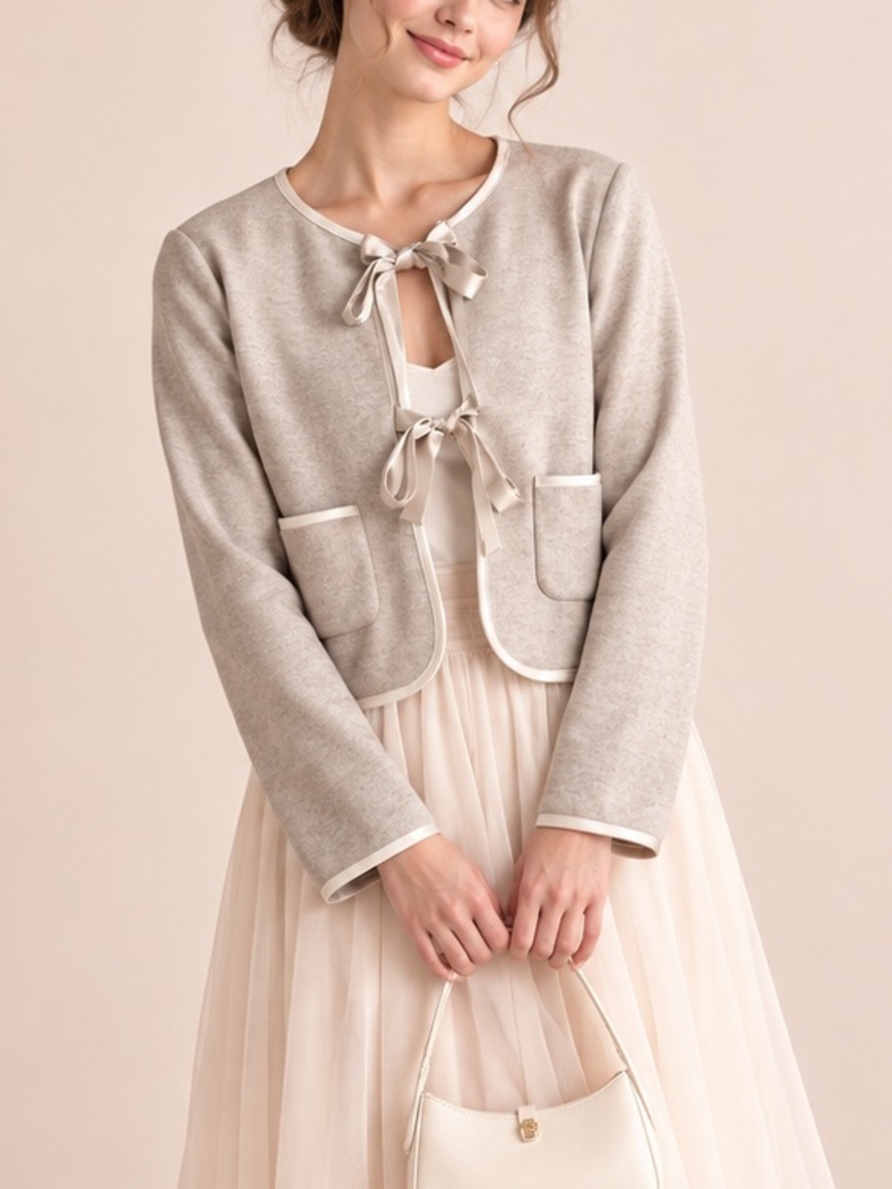 Joie M Coquette Ribbon Bow Tie Cardigan Taupe Beige Satin Trim Balletcore